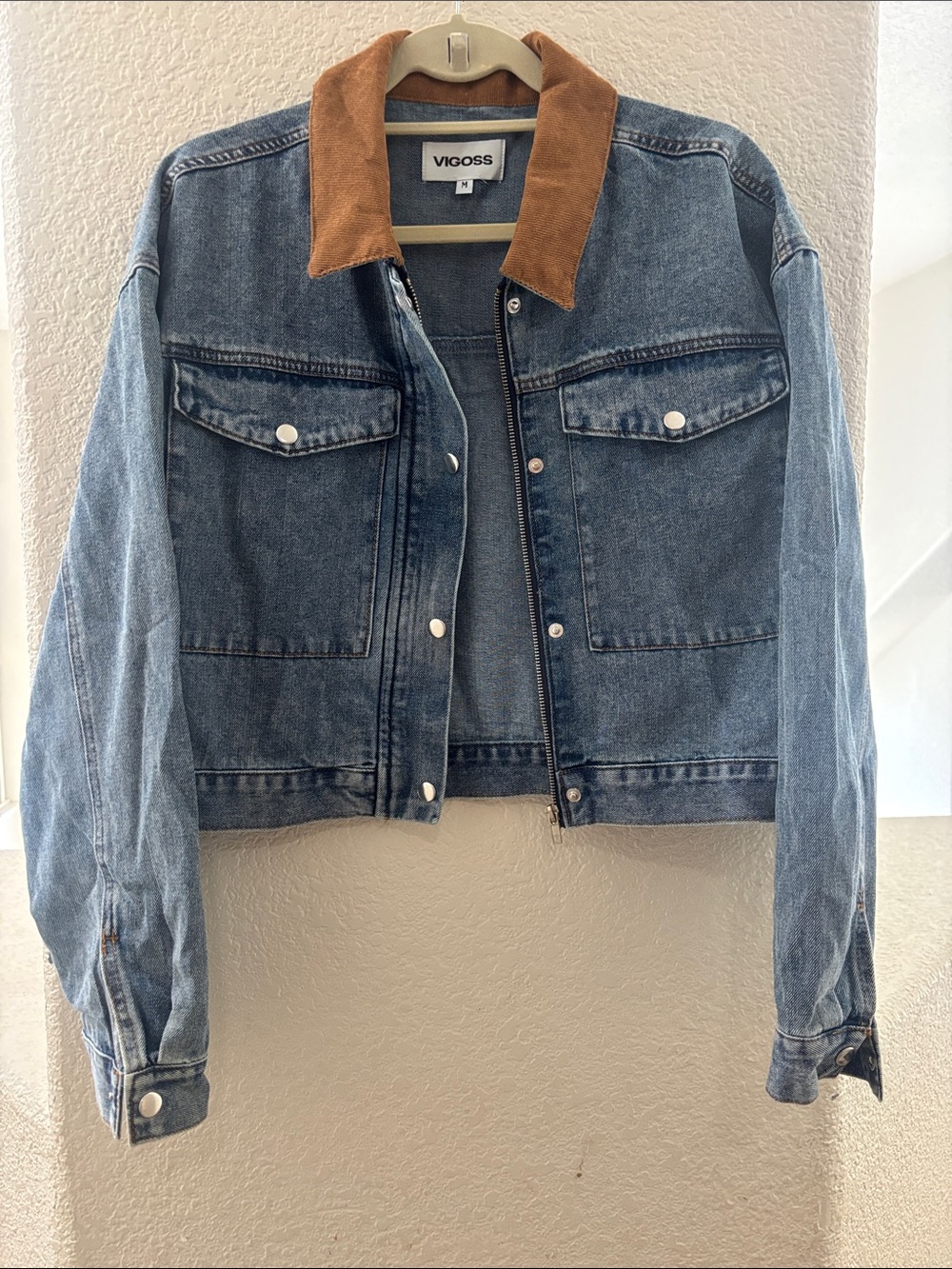 Vigoss Light Blue Denim Jacket with Brown Corduroy Collar